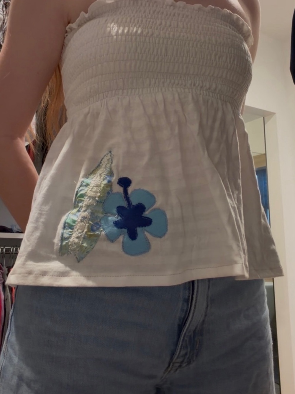 White Smocked Strapless Top with Handmade Appliqué